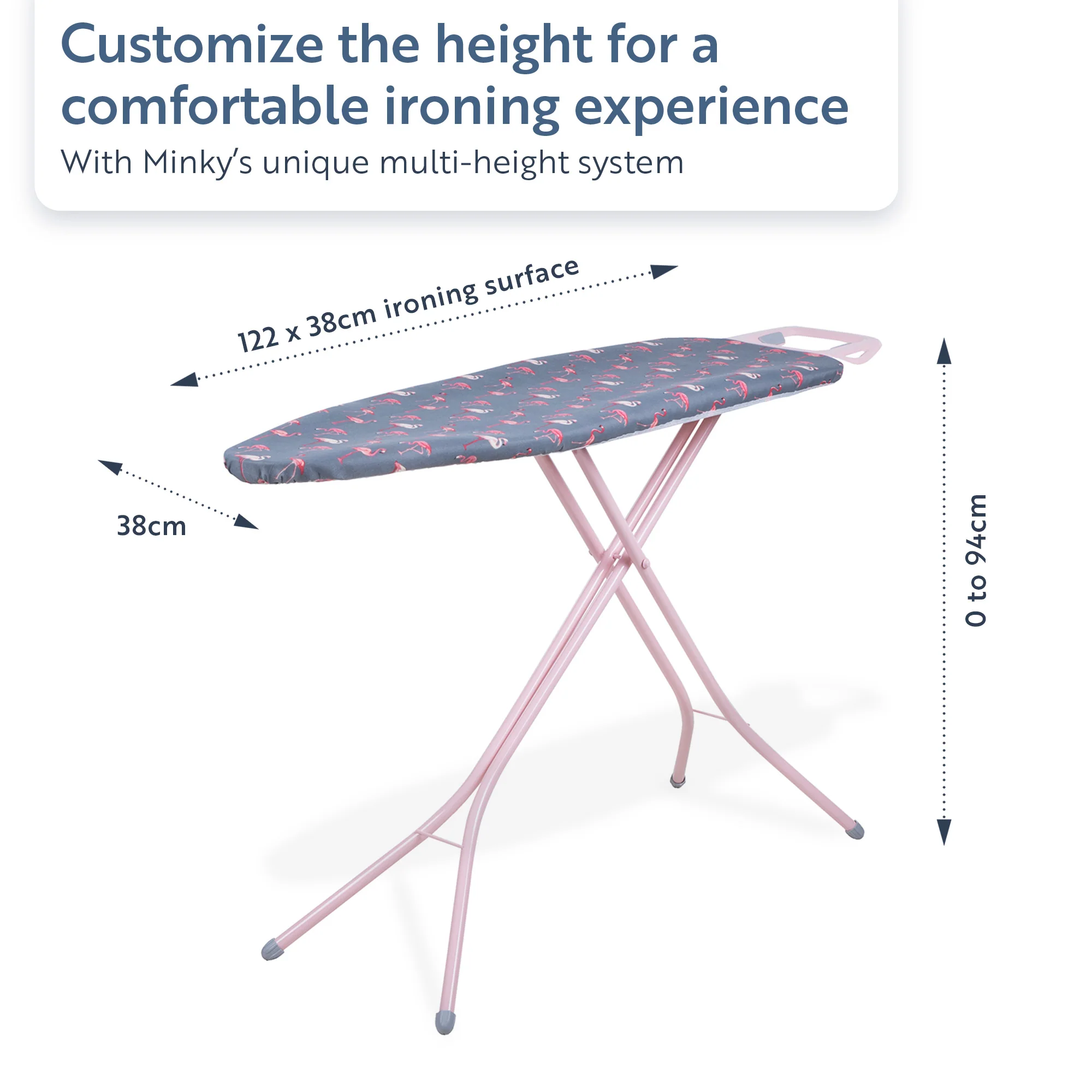 Minky Ironing Board - Flamingo Pink 122 x 38cm, Ironing Board Cover Included - Image 3